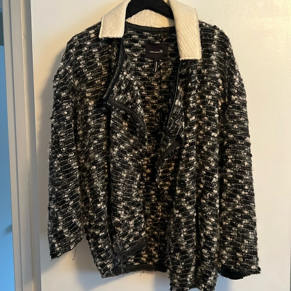 Isabel Marant Black and White Tweed Cardigan with Cream Collar